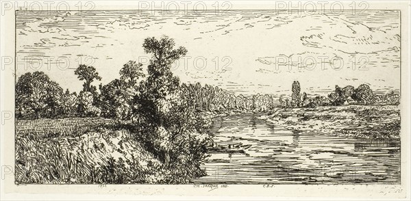 The Isle of Aligre, with Two Boats, 1844, Charles Émile Jacque, French, 1813-1894, France, Etching on ivory China paper laid down on ivory wove paper, 58 × 128 mm (image), 64 × 133 mm (chine), 86 × 156 mm (plate), 152 × 258 mm (sheet)