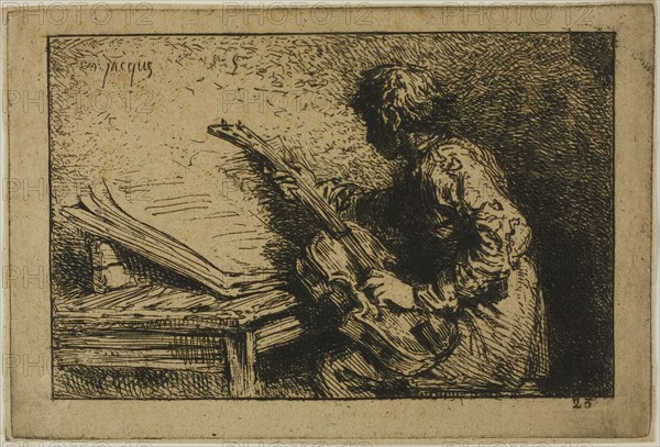 Guitar Player, 1845, Charles Émile Jacque, French, 1813-1894, France, Etching on tan chine laid down on ivory laid paper, 75 × 115 mm (image), 88 × 131 mm (plate), 90 × 134 mm (chine), 132 × 232 mm (sheet)