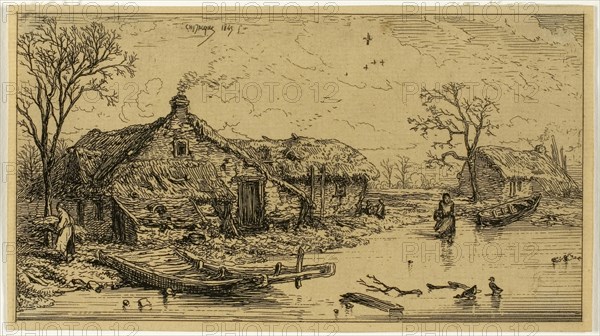 The Frozen Pond, 1845, Charles Émile Jacque, French, 1813-1894, France, Etching on cream laid paper, 74 × 136 mm (image), 78 × 141 mm (sheet)