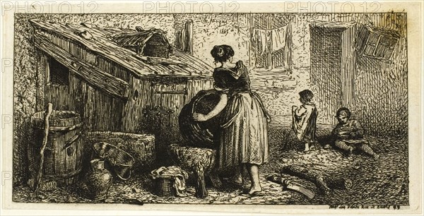 Woman Washing Pots, with Children, 1845, Charles Émile Jacque, French, 1813-1894, France, Etching and engraving on ivory chine laid down on ivory laid paper, 66 × 136 mm (image), 73 × 143 mm (chine), 124 × 195 mm (sheet)