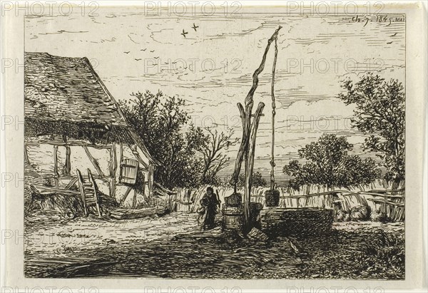 Well in a Farm Courtyard, 1845, Charles Émile Jacque, French, 1813-1894, France, Etching on ivory chine, 80 × 114 mm (image), 85 × 124 mm (sheet)