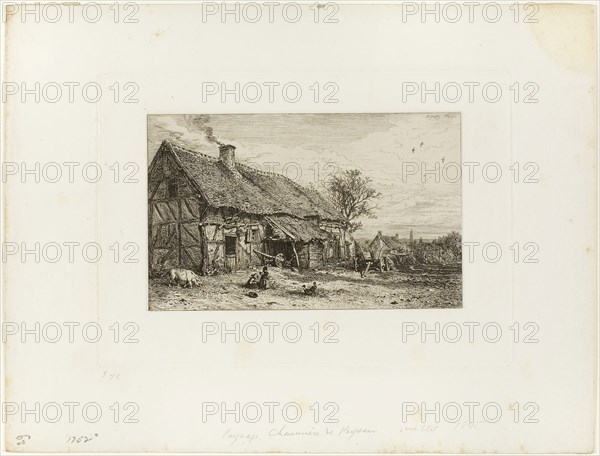 Lanscape with Peasant Dwelling, 1845, Charles Émile Jacque, French, 1813-1894, France, Etching, engraving and drypoint on cream China paper laid down on ivory wove paper, 106 × 170 mm (image/chine), 157 × 223 mm (plate), 243 × 320 mm (sheet)