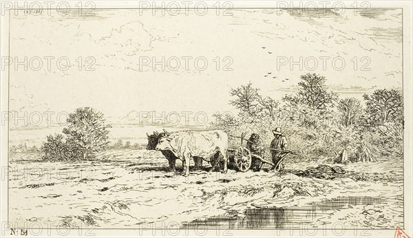 Landscape with Farm Laborers, 1845, Charles Émile Jacque, French, 1813-1894, France, Etching on cream China paper laid down on ivory wove paper, 111 × 198 mm (image), 116 × 205 mm (chine), 121 × 206 mm (plate), 301 × 425 mm (sheet)