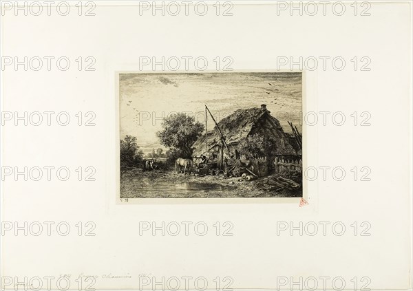 Peasant House with Pond, 1845, Charles Émile Jacque, French, 1813-1894, France, Etching, engraving and drypoint on light gray China paper laid down on ivory wove paper, 130 × 190 mm (image), 140 × 199 mm (chine), 162 × 220 mm (plate), 297 × 424 mm (sheet)