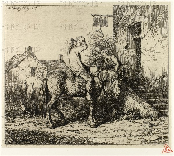 Entrance to an Inn, with Peasant Drinking, 1849, Charles Émile Jacque, French, 1813-1894, France, Etching on cream China paper laid down on ivory wove paper, 127 × 149 mm (image), 134 × 156 mm (chine), 154 × 174 mm (plate), 306 × 432 mm (sheet)