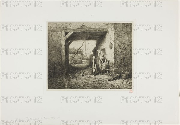 Courtyard Interior, 1849, Charles Émile Jacque, French, 1813-1894, France, Etching on cream China paper laid down on ivory wove paper, 159 × 201 mm (image), 168 × 208 mm (chine), 182 × 223 mm (plate)