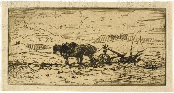 Plowman and his Team Resting, 1846, Charles Émile Jacque, French, 1813-1894, France, Etching on buff chine, 56 × 114 mm (image/plate), 65 × 124 mm (sheet)