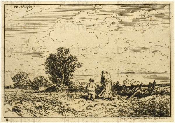 Crossing the Meadow, 1846, Charles Émile Jacque, French, 1813-1894, France, Etching on cream laid paper laid down on ivory laid paper, 67 × 99 mm (image), 71 × 102 mm (sheet), 158 × 211 mm (sheet)