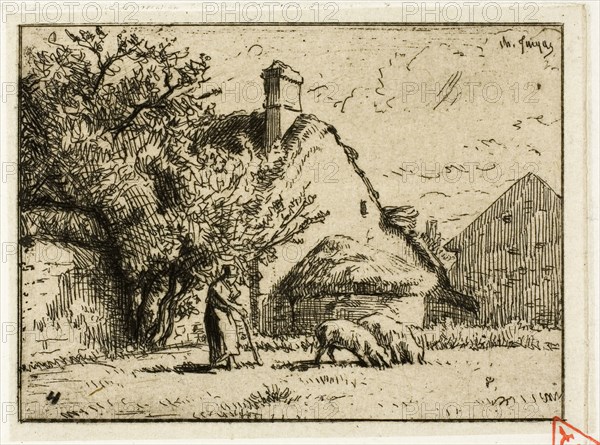 Woman Tending Two Pigs, 1849, Charles Émile Jacque, French, 1813-1894, France, Etching on cream China paper laid down on white wove paper, 62 × 85 mm (image), 216 × 92 mm (chine), 69 × 92 mm (plate), 67 × 309 mm (sheet)