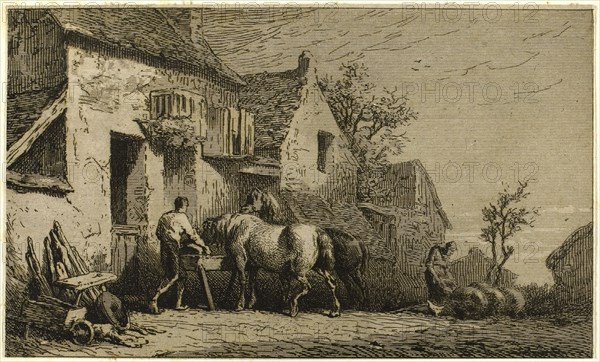 Entrance to an Inn, with Stable Boy, 1850, Charles Émile Jacque, French, 1813-1894, France, Etching and engraving on light gray China paper, laid down on ivory wove paper, 80 × 134 mm (image/chine), 185 × 240 mm (sheet)