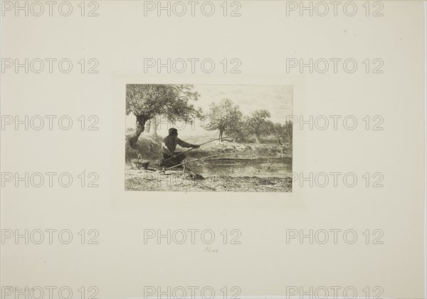 Pole Fishing, c. 1864, Charles Émile Jacque, French, 1813-1894, France, Etching and drypoint on ivory laid paper, 115 × 180 mm (image), 151 × 207 mm (plate), 318 × 454 mm (sheet)