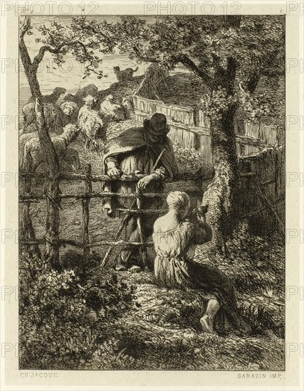 Summer, c. 1865, Charles Émile Jacque (French, 1813-1894), printed by Sarazin (French, 19th century), France, Etching, engraving and roulette on cream China paper laid down on ivory wove paper, 130 × 97 mm (image), 140 × 108 mm (chine), 210 × 132 mm (plate), 400 × 301 mm (sheet)