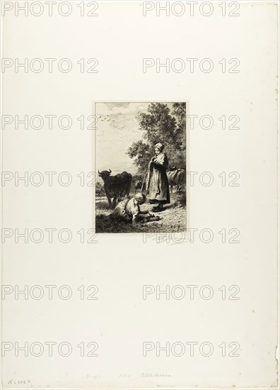 Young Cowherds, c. 1864, Charles Émile Jacque, French, 1813-1894, France, Etching, drypoint and engraving on light gray China paper laid down on ivory wove paper, 146 × 102 mm (image), 153 × 110 mm (chine), 175 × 127 mm (plate), 431 × 311 mm (sheet)