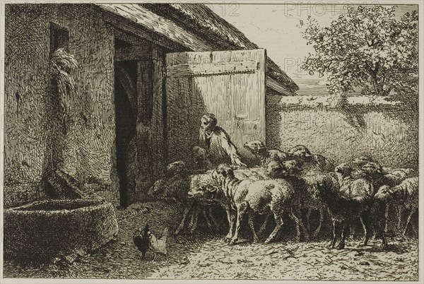 Shepherdess, 1864–66, Charles Émile Jacque, French, 1813-1894, France, Etching and roulette on paper, 110 × 165 mm (image), 136 × 197 mm (plate), 325 × 453 mm (sheet)