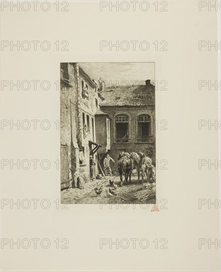 Parisian Courtyard, 1865, Charles Émile Jacque, French, 1813-1894, France, Etching and drypoint on cream laid paper, 174 × 118 mm (image), 199 × 138 mm (plate), 333 × 270 mm (sheet)