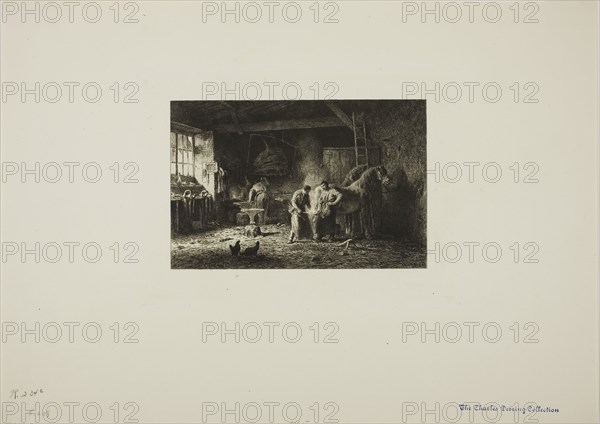 The Farrier’s Shop, 1865, Charles Émile Jacque, French, 1813-1894, France, Etching, engraving and roulette on ivory laid paper, 128 × 194 mm (image), 178 × 247 mm (plate), 321 × 453 mm (sheet)