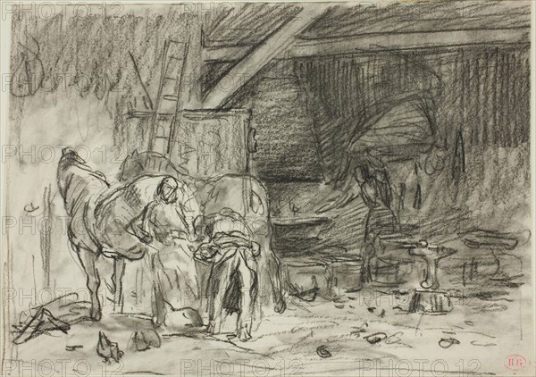 Interior of a Blacksmith’s Shop (recto), Man Bending Over, Seen from Read (verso), 1833/1894, Charles Émile Jacque, French, 1813-1894, France, Black pastel, with black crayon and with stumping (recto), and black chalk (verso), on ivory wove paper, 149 × 209 mm