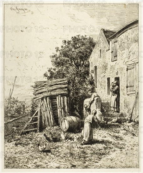 A Rustic Dwelling, c. 1865, Charles Émile Jacque, French, 1813-1894, France, Etching on light gray China paper laid down on ivory wove paper, 143 × 117 mm (image), 148 × 122 mm (chine), 185 × 140 mm (plate), 397 × 312 mm (sheet)