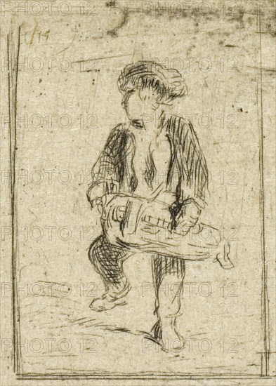 Hurdy-Gurdy Player, c. 1843, Charles Émile Jacque, French, 1813-1894, France, Drypoint and roulette on ivory wove paper, 91 × 109 mm (plate), 111 × 135 mm (sheet)