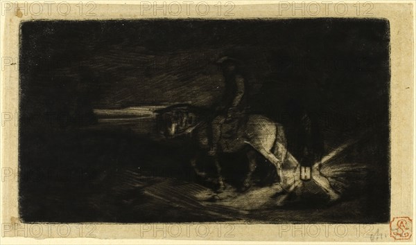 The Rider, 1848, Charles Émile Jacque, French, 1813-1894, France, Drypoint and roulette on cream chine laid down on ivory wove paper, 70 × 126 mm (image/plate), 80 × 139 mm (chine), 226 × 333 mm (sheet)