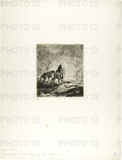 Traveler on Horseback, 1848, Charles Émile Jacque, French, 1813-1894, France, Drypoint and roulette on ivory wove paper, 107 × 96 mm (image/plate), 318 × 243 mm (sheet)