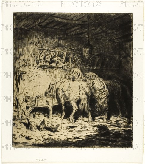 Stable, 1848, Charles Émile Jacque, French, 1813-1894, France, Drypoint and roulette on ivory wove paper, 111 × 99 mm (image/plate), 132 × 117 mm (sheet)