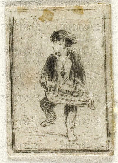 Hurdy-Gurdy Player, n.d., Charles Émile Jacque, French, 1813-1894, France, Drypoint on ivory wove paper, 21 × 14 mm (image), 23 × 16 mm (sheet)