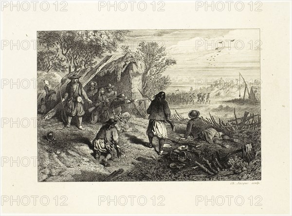 An Ambush, n.d., Charles Émile Jacque, French, 1813-1894, France, Etching, engraving, drypoint and roulette on cream China paper laid down on ivory wove paper, 95 × 141 mm (image), 134 × 181 mm (chine), 203 × 260 mm (plate), 283 × 393 mm (sheet)