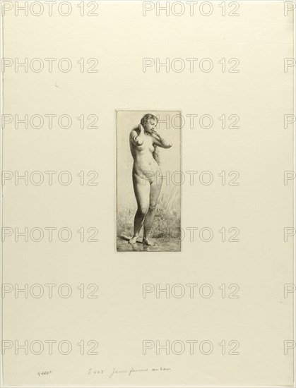 Young Woman Bathing, c. 1866, Charles Émile Jacque, French, 1813-1894, France, Etching, drypoint and roulette on ivory laid paper, 166 × 75 mm (plate), 452 × 343 mm (sheet)