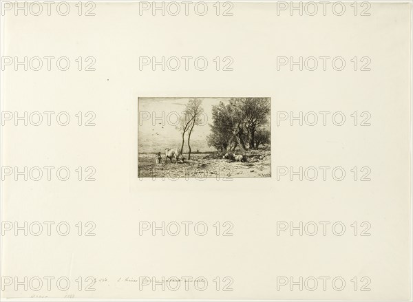 Winter Landscape with Shepherdess, c. 1867, Charles Émile Jacque, French, 1813-1894, France, Etching on ivory laid paper, 89 × 148 mm (image), 117 × 166 mm (plate), 331 × 452 mm (sheet)