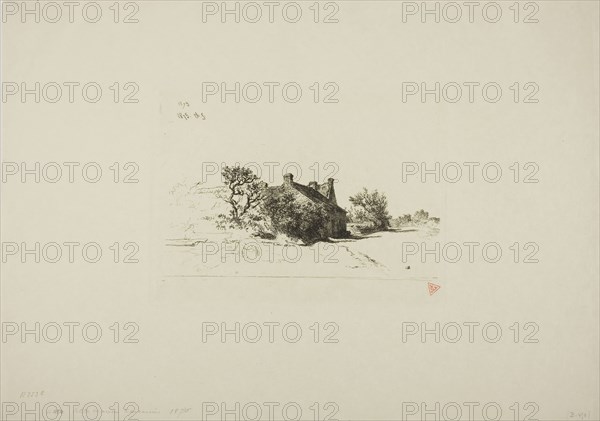 The Little Houses, Kercassier, c. 1875, Charles Émile Jacque, French, 1813-1894, France, Etching on ivory wove paper, 87 × 212 mm (image), 165 × 220 mm (plate), 317 × 452 mm (sheet)