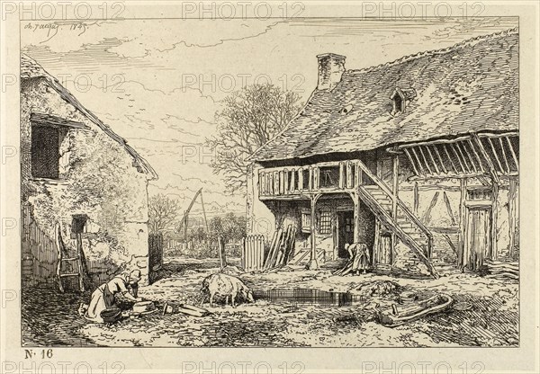Courtyard of a Peasant Dwelling, 1846, Charles Émile Jacque, French, 1813-1894, France, Etching on light gray China paper laid down on ivory wove paper, 107 × 163 mm (image), 119 × 173 mm (chine), 183 × 245 mm (plate), 215 × 282 mm (sheet)