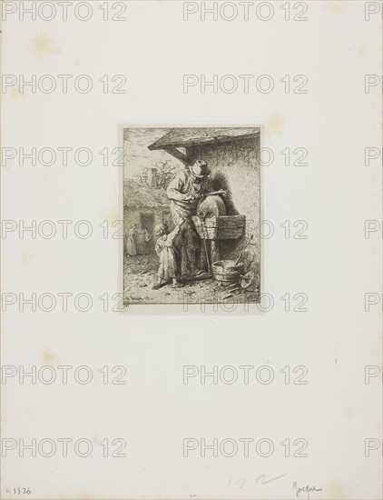 The Knife-Grinder, 1850, Charles Émile Jacque, French, 1813-1894, France, Etching on light gray China paper laid down on ivory wove paper, 112 × 87 mm (image), 123 × 94 mm (chine), 125 × 95 mm (plate), 320 × 245 mm (sheet)