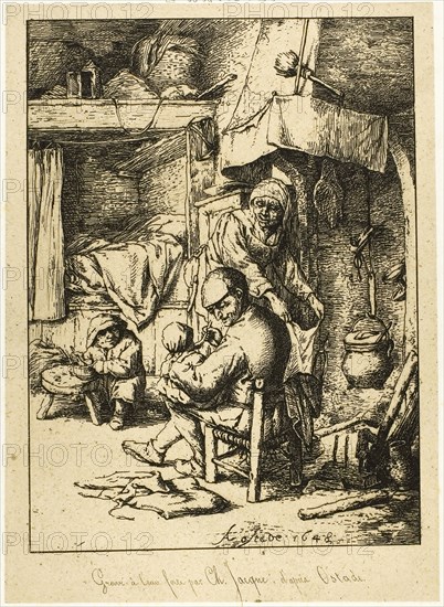 A Father and his Family, 1844, Charles Émile Jacque (French, 1813-1894), after Adriaen van Ostade (Dutch, 1610-1685), France, Etching on buff China paper laid down on ivory wove paper, 122 × 90 mm (image), 133 × 100 mm (chine), 155 × 109 mm (plate), 297 × 216 mm (sheet)