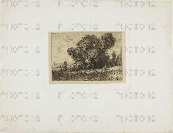 Isle of Aligre Landscape, with Two Women, 1844, Charles Émile Jacque, French, 1813-1894, France, Etching on tan China paper laid down on ivory wove paper, 87 × 128 mm (image), 96 × 139 mm (chine), 115 × 154 mm (plate), 240 × 311 mm (sheet)