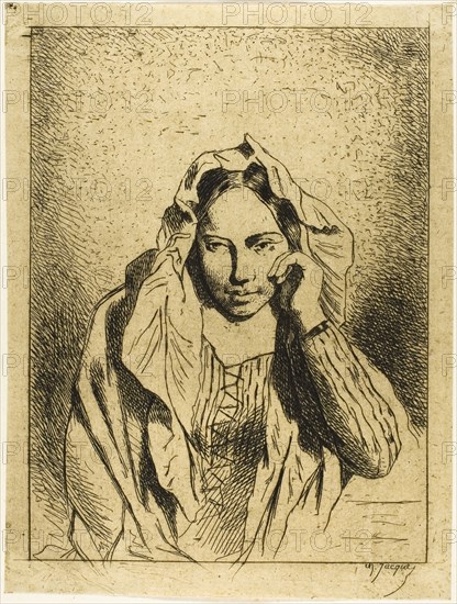Portrait of a Seated Woman, n.d., Charles Émile Jacque, French, 1813-1894, France, Etching on buff chine, laid down on ivory wove paper, 125 × 94 mm (image), 139 × 105 mm (chine), 287 × 214 mm (sheet)