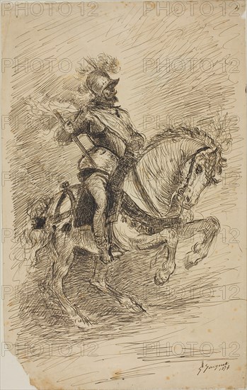 Cavalier on Horseback, 1874, Jules Jacquet, French, 1841-1913, France, Pen and brown ink on cream wove paper, 346 × 219 mm