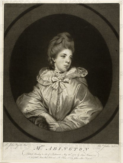 Mrs. Abington, published 1772, Elizabeth Judkins (English, active 1772), after Joshua Reynolds (English, 1723-1792), England, Mezzotint on paper, 336 × 279 mm (image), 379 × 279 mm (plate), 386 × 288 mm (sheet)