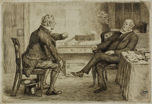 Solicitor and Client, 1870/91, Charles Keene, English, 1823-1891, England, Pen and brown ink, with touches of white gouache, on cream wove paper, laid down on ivory wove paper, 165 × 241 mm