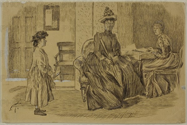 At the Employment Office, 1870/91, Charles Keene, English, 1823-1891, England, Pen and brown ink, with brush and brown wash, corrected with white gouache, on tan wove paper, laid down on card, 147 × 221 mm