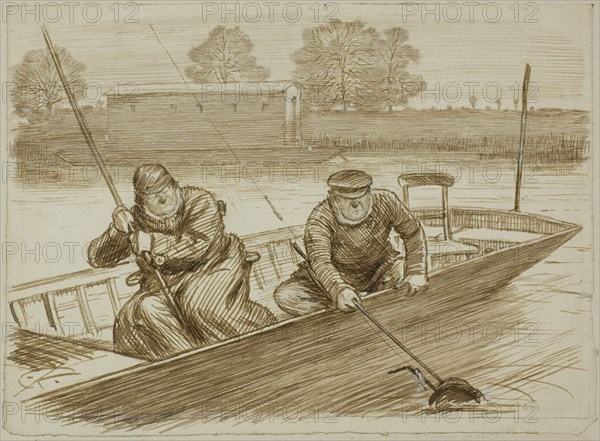 Fishing Scene, c. 1884, Charles Keene, English, 1823-1891, England, Pen and brown ink, with brush and brown wash and touches of white gouache, on cream wove paper, laid down on ivory wove card, 147 × 202 mm
