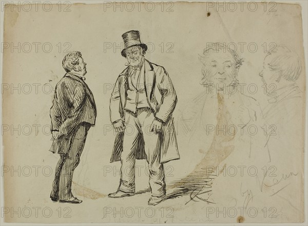 Sketch of Two Standing Men and Two Portaits, 1870/91, Attributed to Charles Keene, English, 1823-1891, England, Pen and black ink, over graphite, on tan wove paper, 215 × 297 mm
