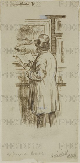 Man at Exhibition, 1870/91, Charles Keene, English, 1823-1891, England, Pen and brown ink, with touches of white gouache, over traces of graphite, on buff wove paper, laid down on ivory wove card, 177 × 86 mm