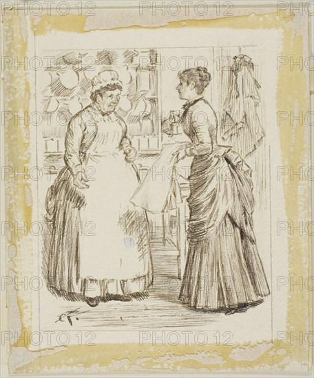 In the Kitchen, n.d., Charles Keene, English, 1823-1891, England, Pen and brown ink, with touches of white gouache, over traces of graphite, on ivory wove paper, laid down on card, 203 × 170 mm