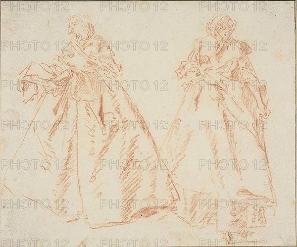 Two Standing Women, n.d., Nicolas Lancret, French, 1690-1743, France, Red chalk on ivory laid paper, tipped onto card, 154 × 184 mm