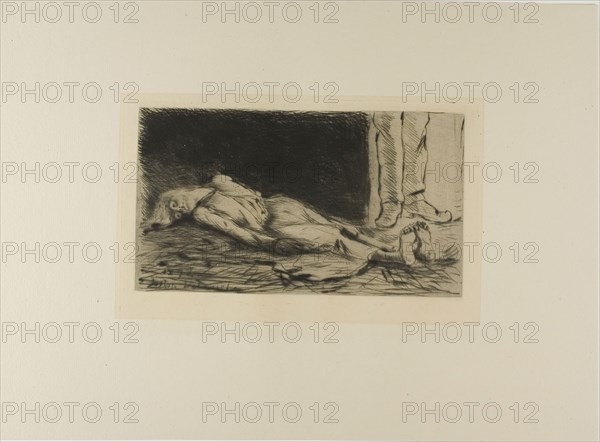 Plate from l’Assommoir (woman lying on floor), 1878, Gaston La Touche, French, 1854-1913, France, Drypoint and plate tone on ivory laid paper, 123 × 219 mm (image), 159 × 239 mm (plate), 295 × 403 mm (sheet)