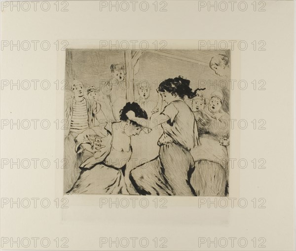 Plate from l’Assommoir (two women fighting, with onlookers), 1878, Gaston La Touche, French, 1854-1913, France, Drypoint and plate tone on ivory laid paper, 195 × 222 mm (image), 242 × 228 mm (plate), 334 × 392 mm (sheet)