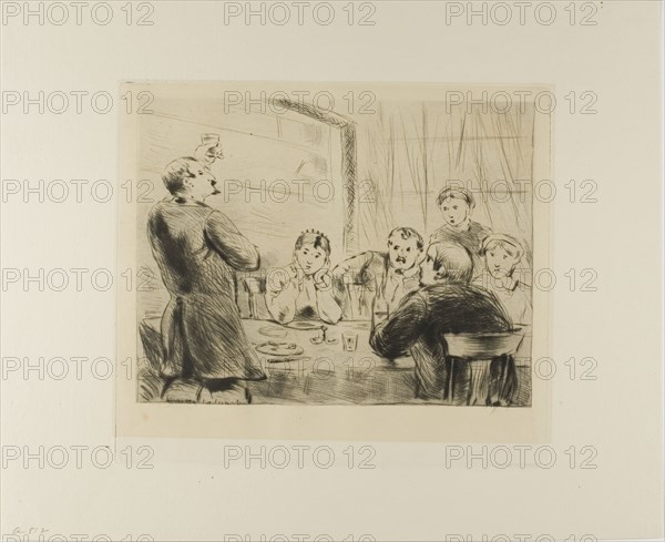 Plate from l’Assommoir (man proposing a toast at table with five other people), 1878, Gaston La Touche, French, 1854-1913, France, Drypoint and plate tone on ivory laid paper, 183 × 238 mm (image), 228 × 257 mm (plate), 325 × 397 mm (sheet)
