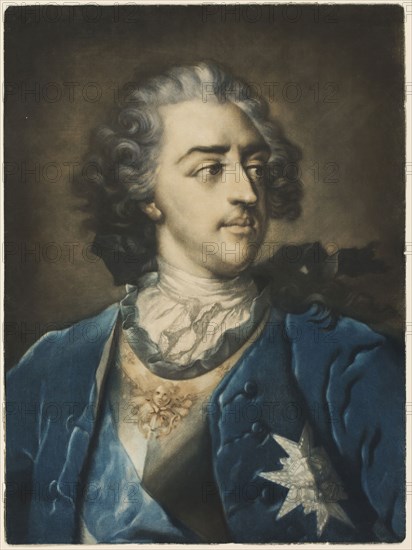Portrait of Louis XV, 1739, Jacob Christoph Le Blon (German, 1667-1741), after Nicolas Blakey (Irish, died 1758), Germany, Mezzotint with etching, in black, brown, blue, and white, with traces of red ink on ivory laid paper, 618 x 460 mm