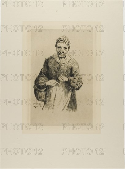 Old Woman with Basket, 1878, Gaston La Touche, French, 1854-1913, France, Drypoint and plate tone on ivory laid paper, 217 × 140 mm (image), 238 × 158 mm (plate), 381 × 280 mm (sheet)